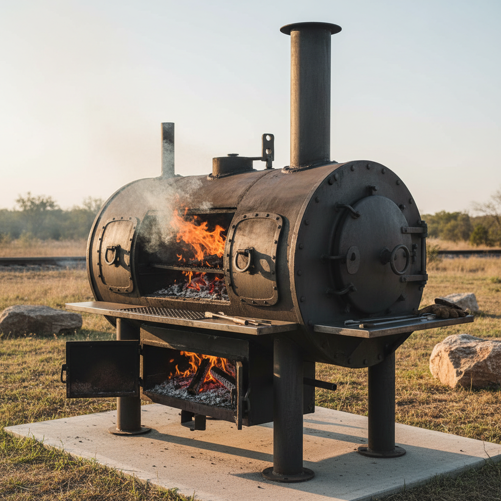 Custom wood-fired grill fabricated from a decommissioned locomotive boiler burning post oak and mesquite