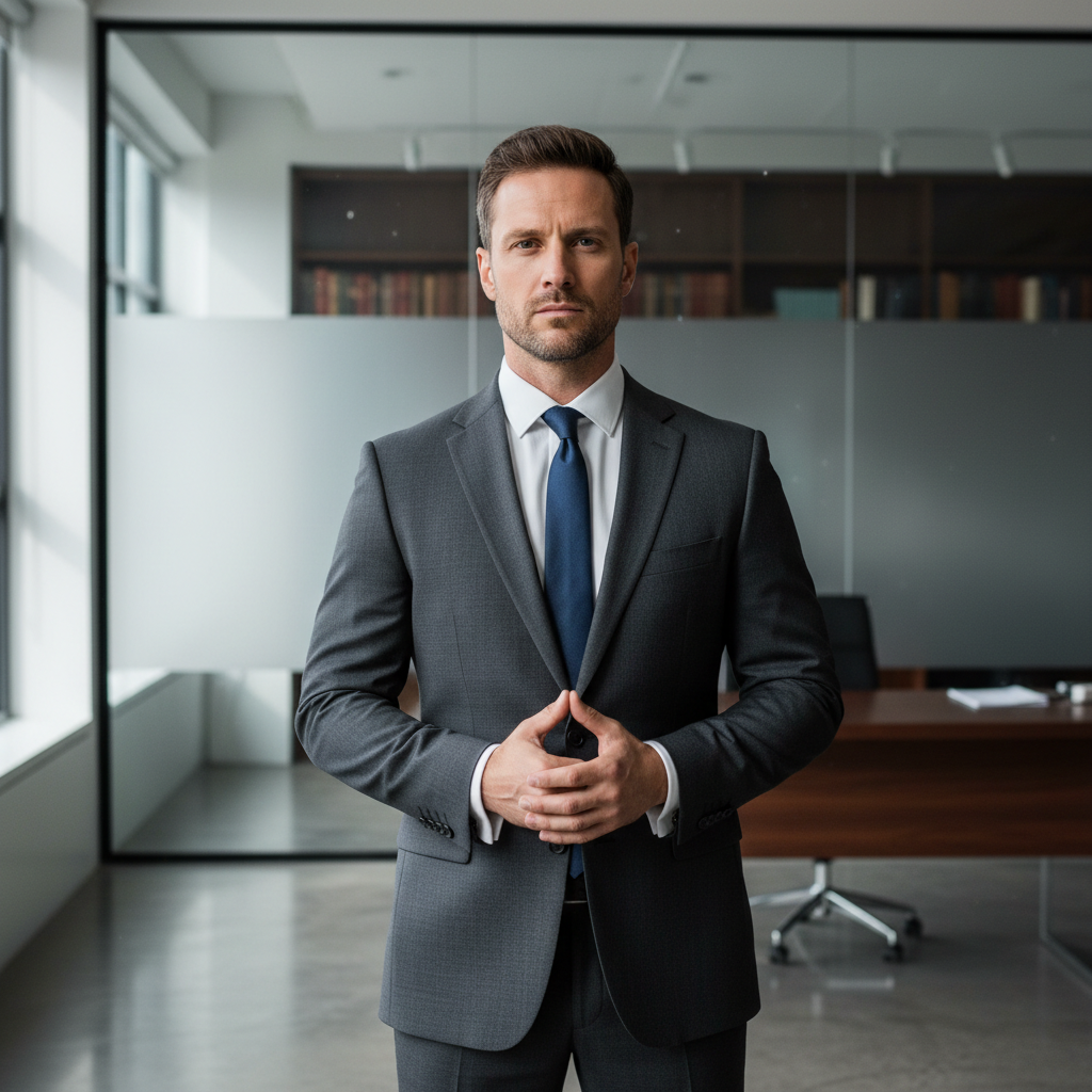 Professional man in formal wear, bright modern office setting, confident posture