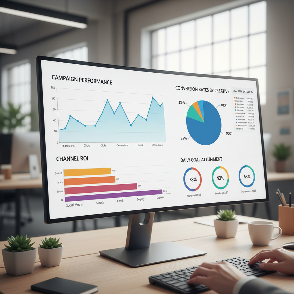 Real-time analytics dashboard with multiple graphs showing campaign performance metrics and conversion rates on large monitor