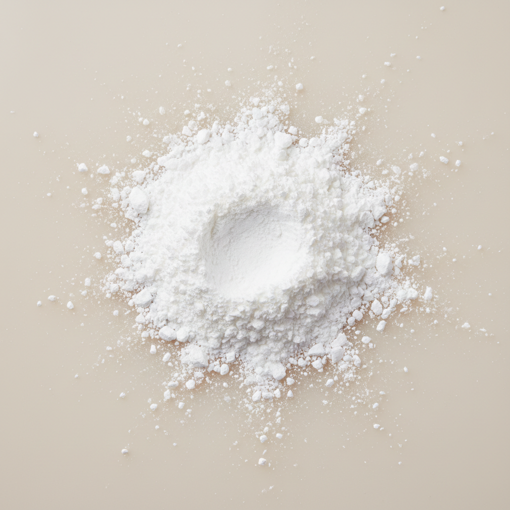 Pure white mineral powder in soft focus, clinical and clean
