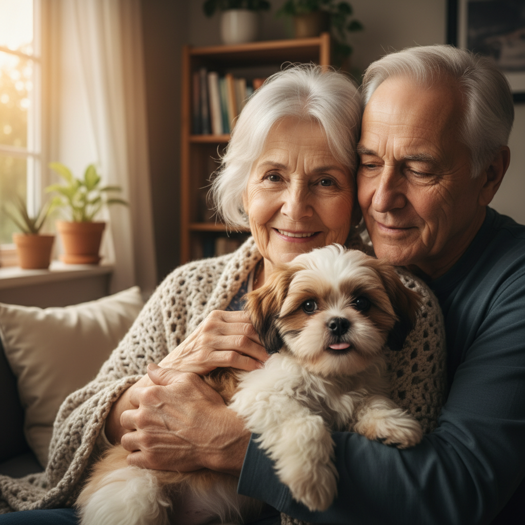 Empty nester couple cuddling their new Shih Tzu companion
