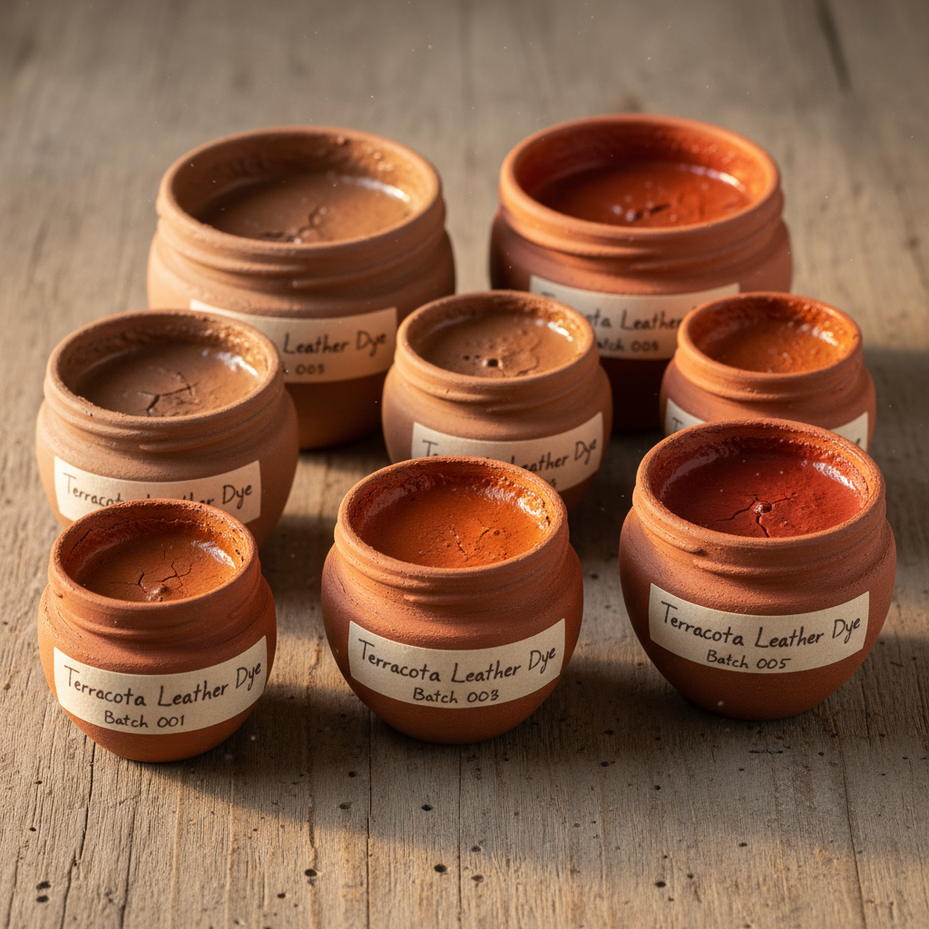 Small batch leather dye in terracotta jars, colors bleeding slightly different from each run