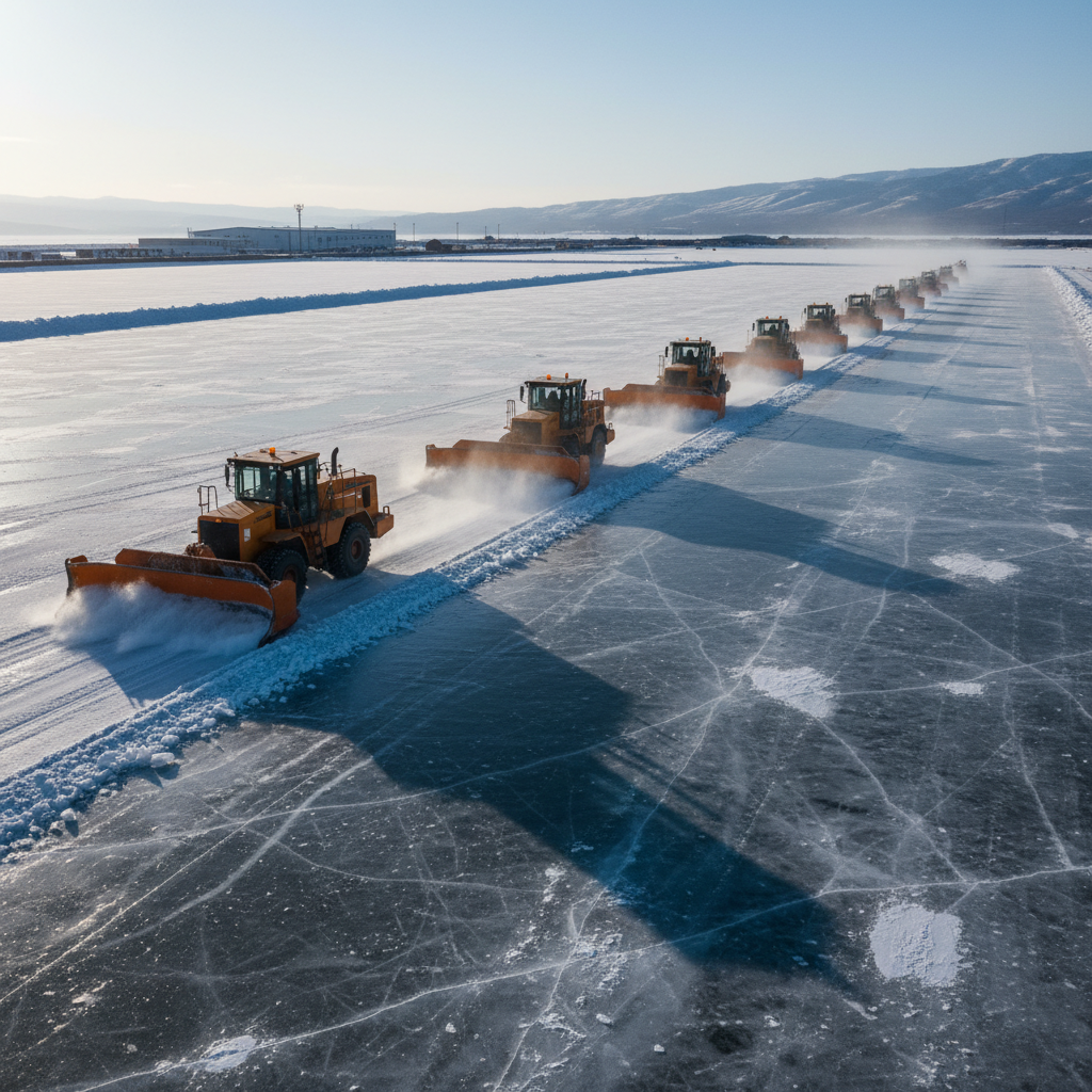 Large-scale industrial ice removal operation with multiple plows working in formation across a massive temporary ice rink
