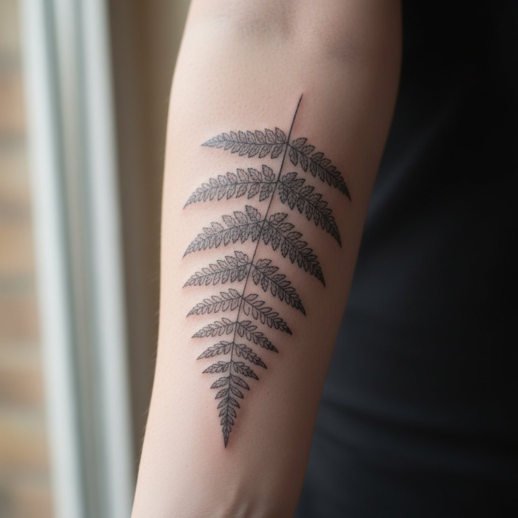 Delicate single needle botanical line work tattoo showing fern fronds on pale inner arm skin
