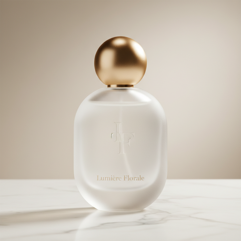 Minimalist frosted glass perfume bottle on white marble surface