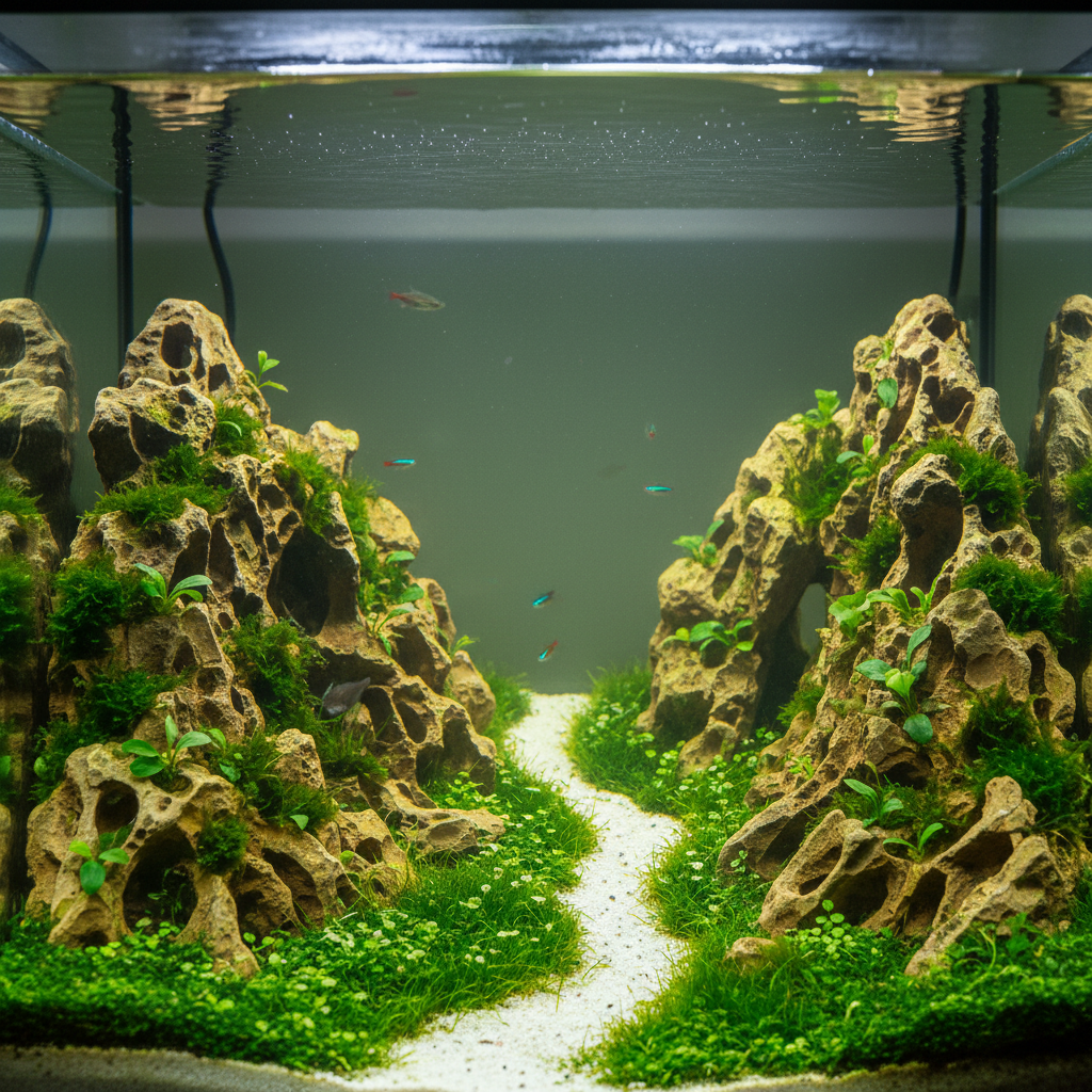 A meticulously planted aquascape tank with carpeting plants and stone hardscape under soft light