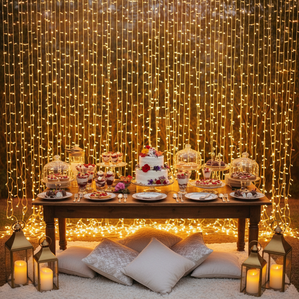 Warm fairy light curtain draped behind a dessert table