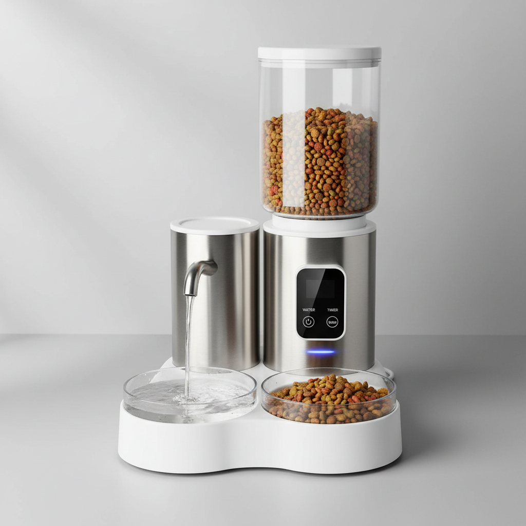 Modern smart pet feeder device with a smartphone app interface on a minimalist kitchen counter