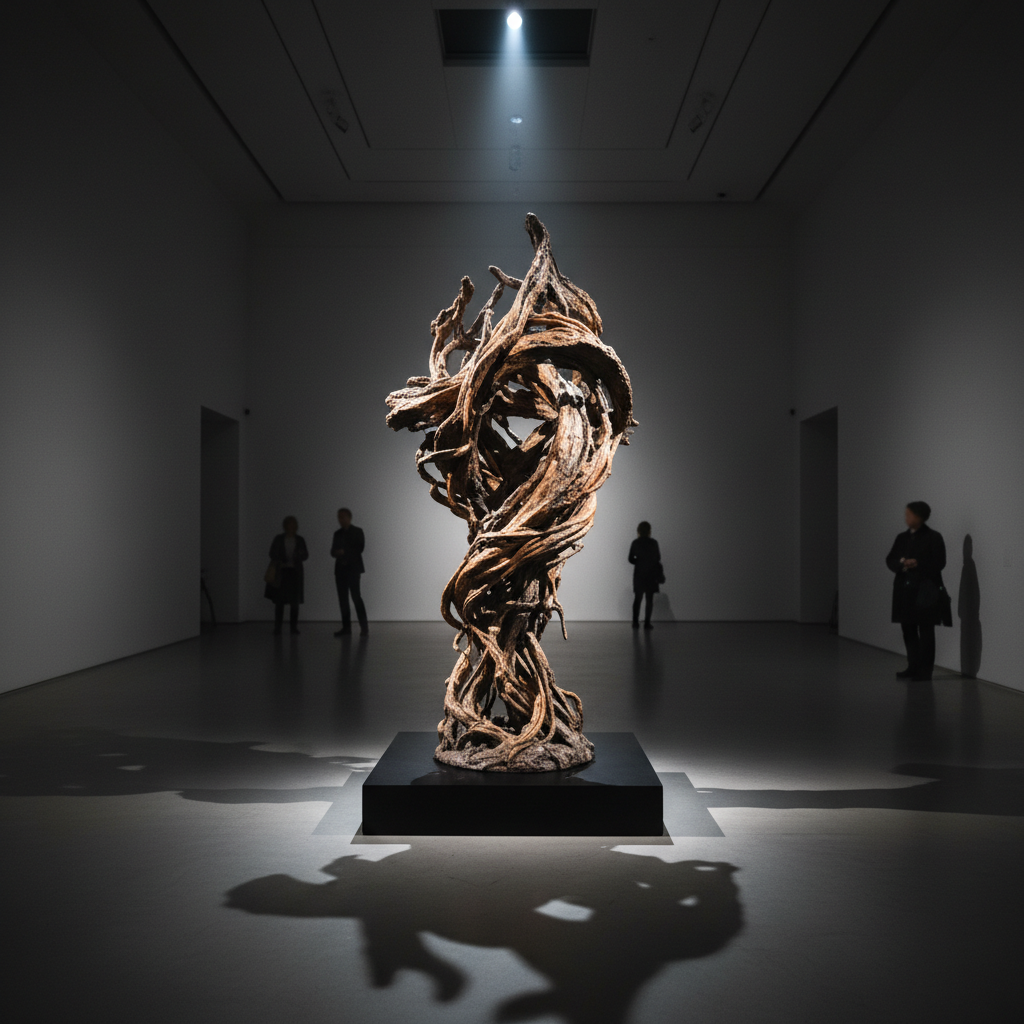 Finished sculpture installed in gallery space with dramatic spotlighting from above
