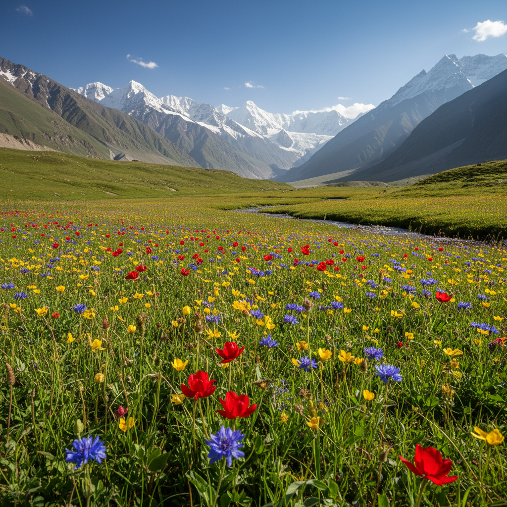 Green meadow of Gulmarg in summer with wildflowers and snow peaks