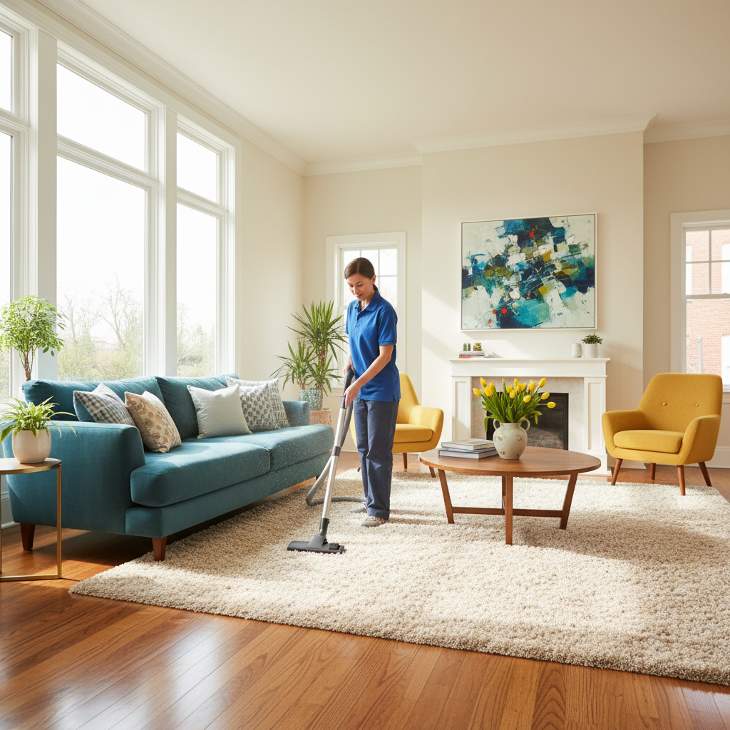 Cleaner vacuuming bright living room with natural light