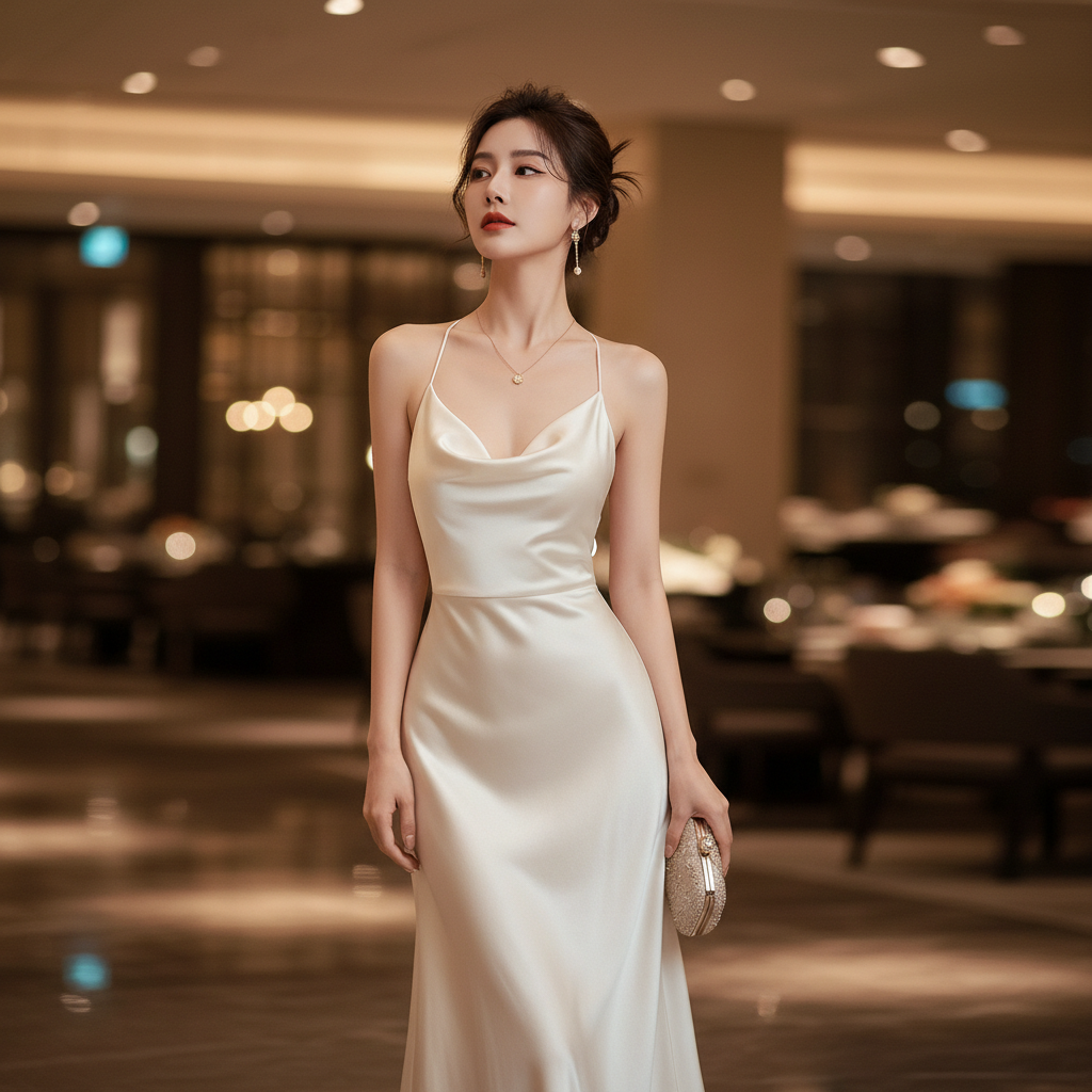 Woman in satin slip midi dress elegant evening look