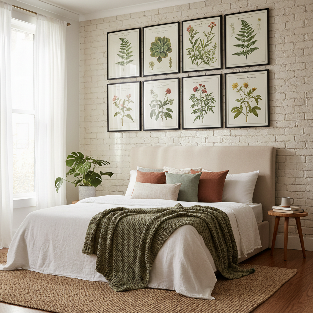 Bedroom wall with multiple custom posters arranged in gallery style under warm dim lighting