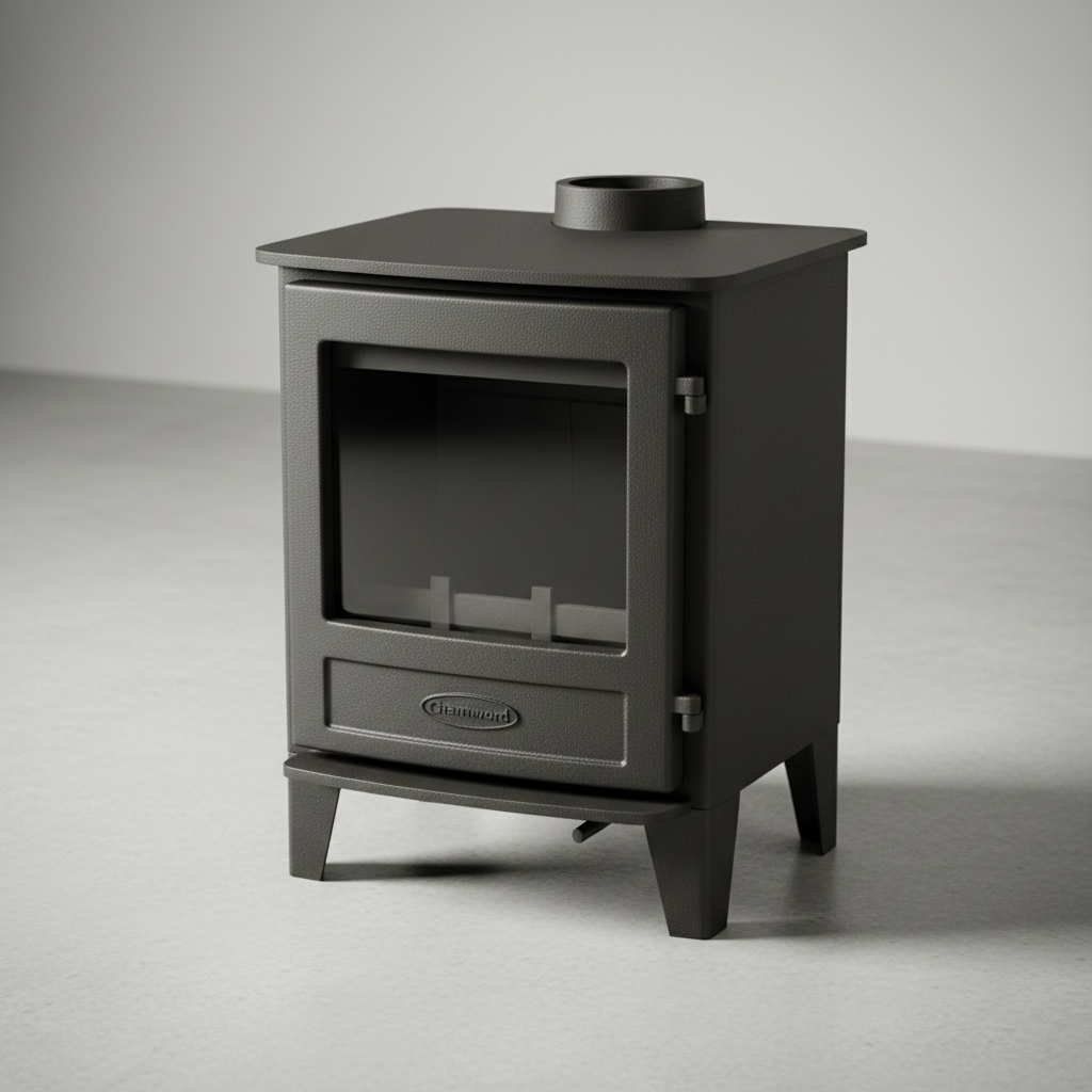 Charnwood C-Four wood burning stove in cast iron, black finish, compact firebox