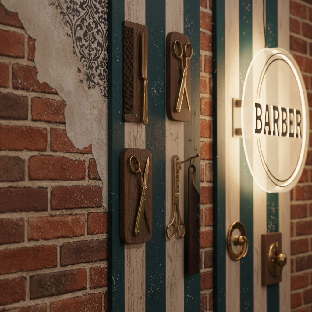 Dimly lit barbershop interior with dark steel walls, atmospheric low-key industrial lighting, deep shadows, and vintage equipment — dark moody background for white text overlay