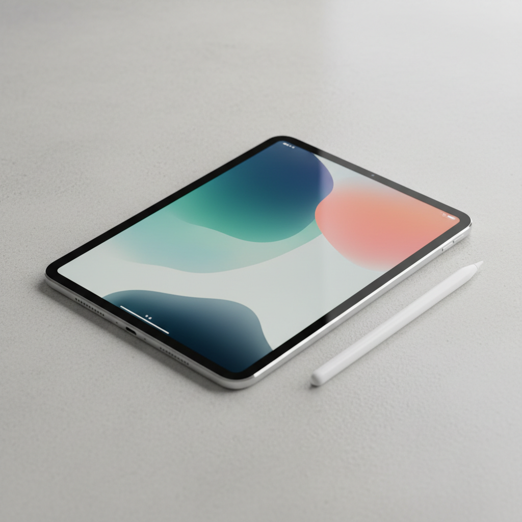 Silver Apple iPad Air on white desk with Apple Pencil beside it