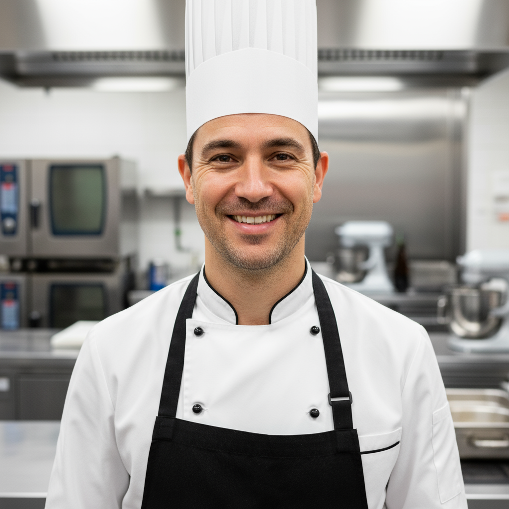 Experienced male chef in white uniform focused on grilling burgers in professional kitchen environment
