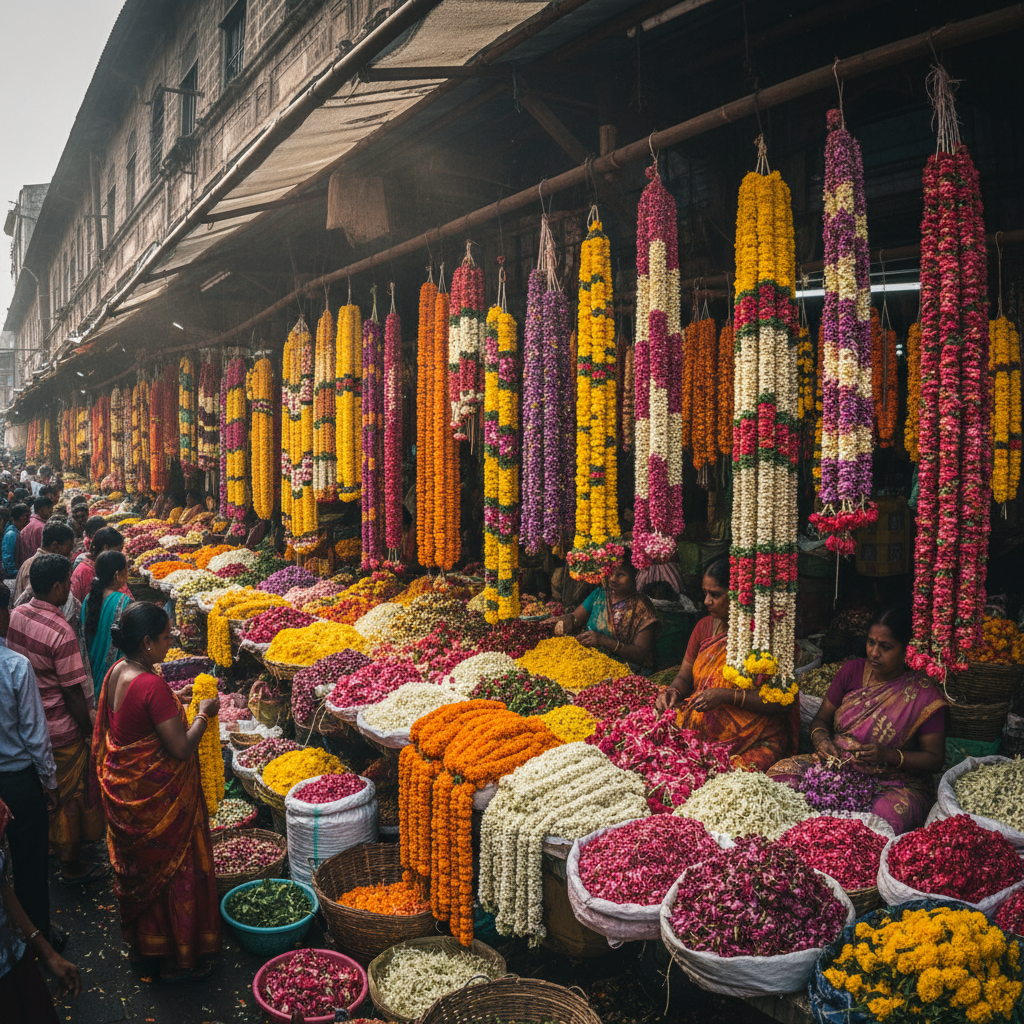 Flower vendors and colourful garlands at KR Market in Bengaluru, a traditional wholesale market in the old city