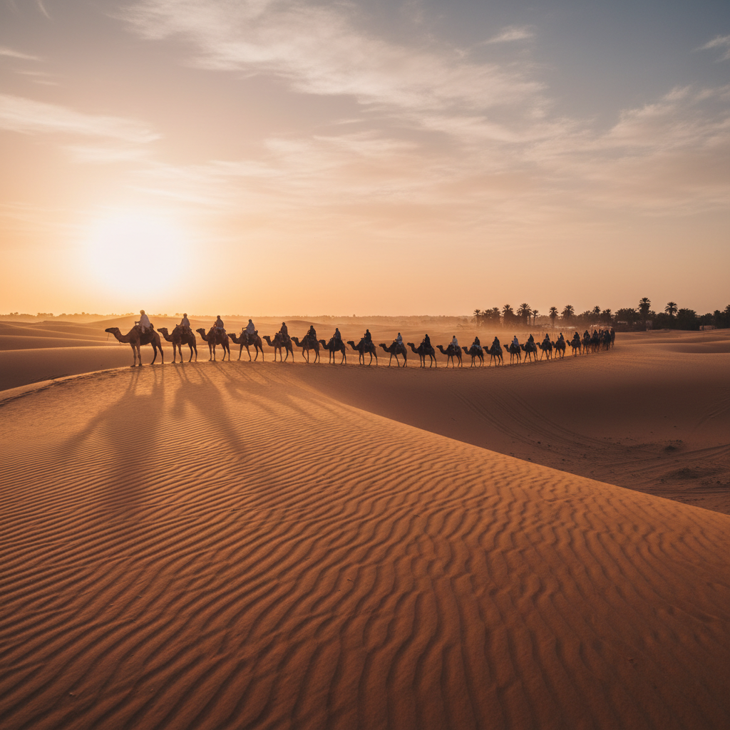 Sahara Desert golden sand dunes at sunrise with camel silhouettes in Morocco