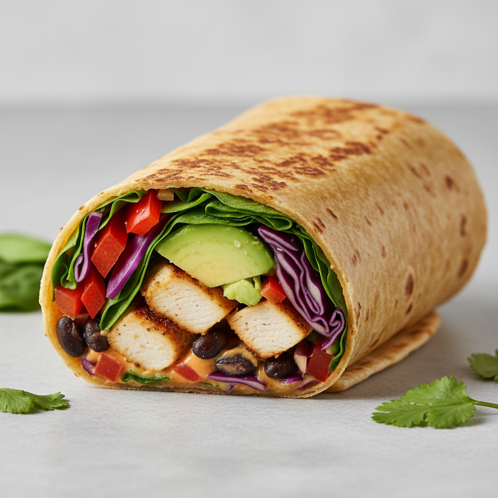 Fresh falafel burrito cut open showing layers of crispy falafel, black beans, and colorful vegetables with creamy sauce in bright light",