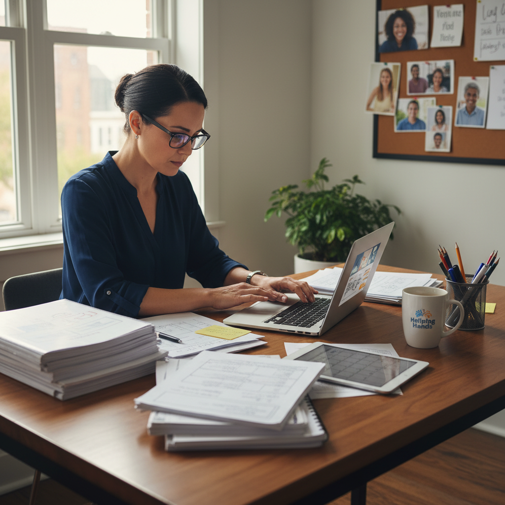 Social worker reviewing training materials at a desk with notes and a laptop