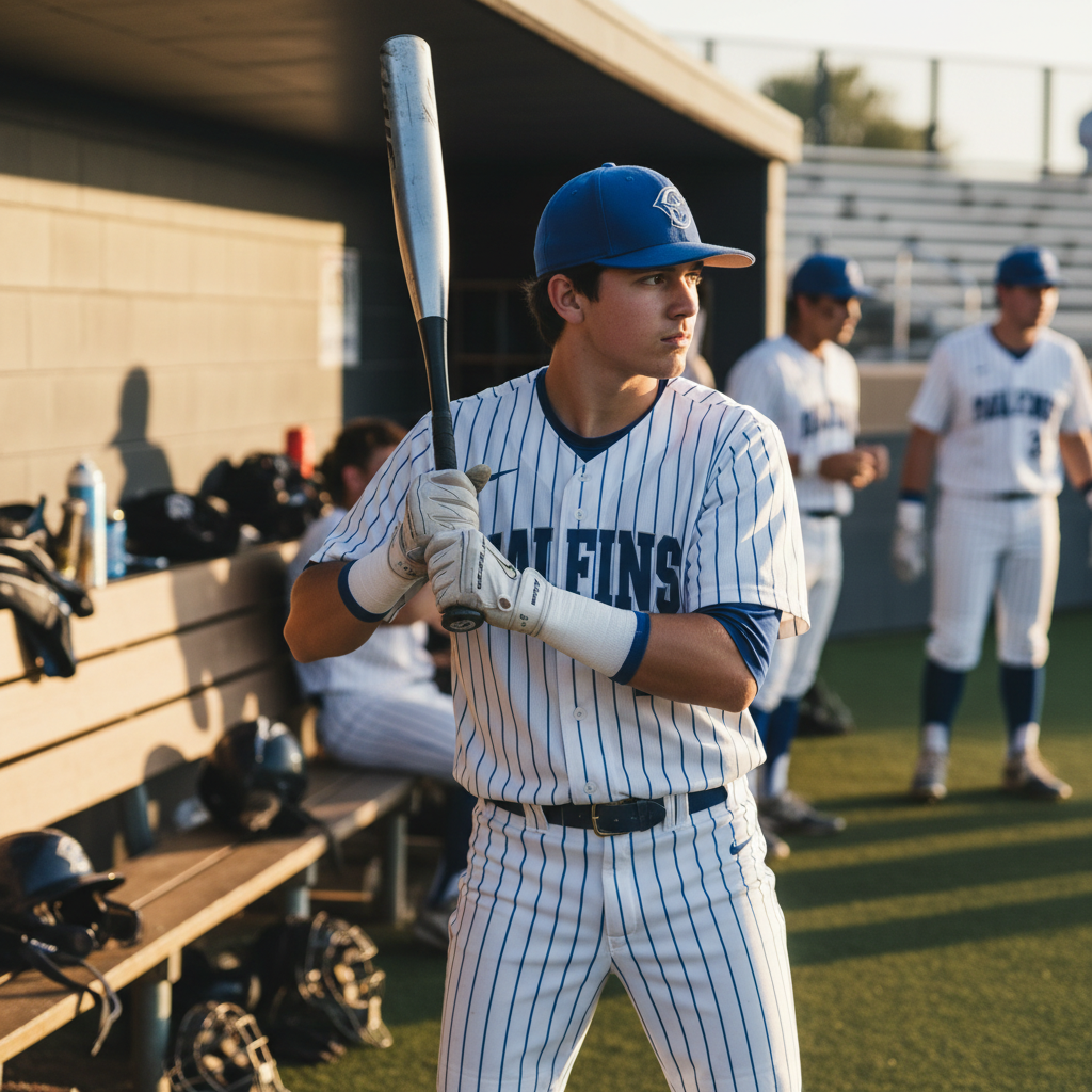 High school baseball player in dugout holding aluminum bat