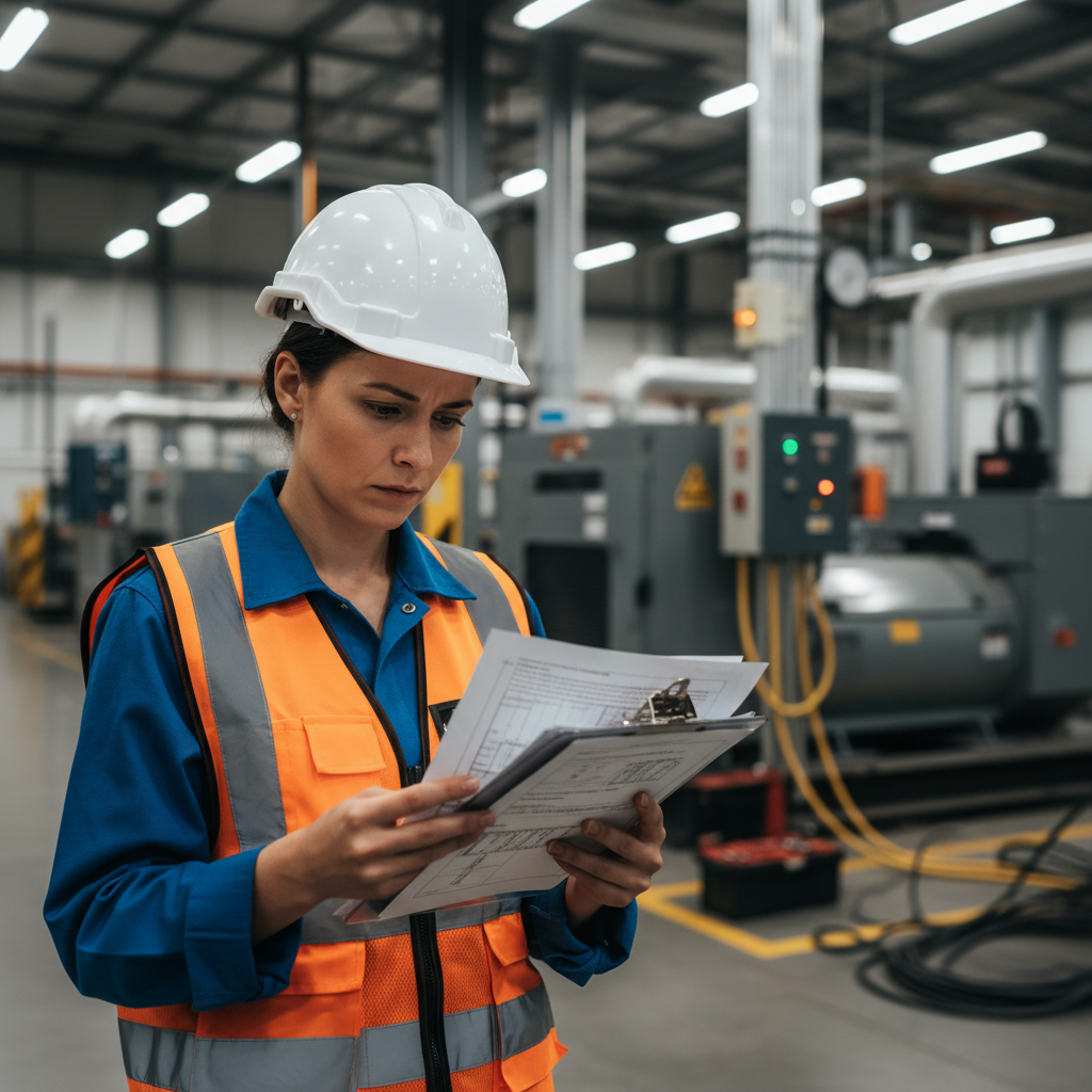 Engineer reviewing generator specification documents on a clipboard in an industrial facility