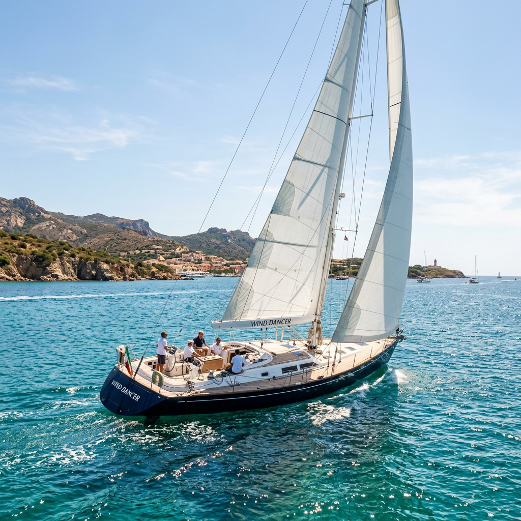 Elegant sailing yacht Wind Dancer with white sails near Sardinian coast