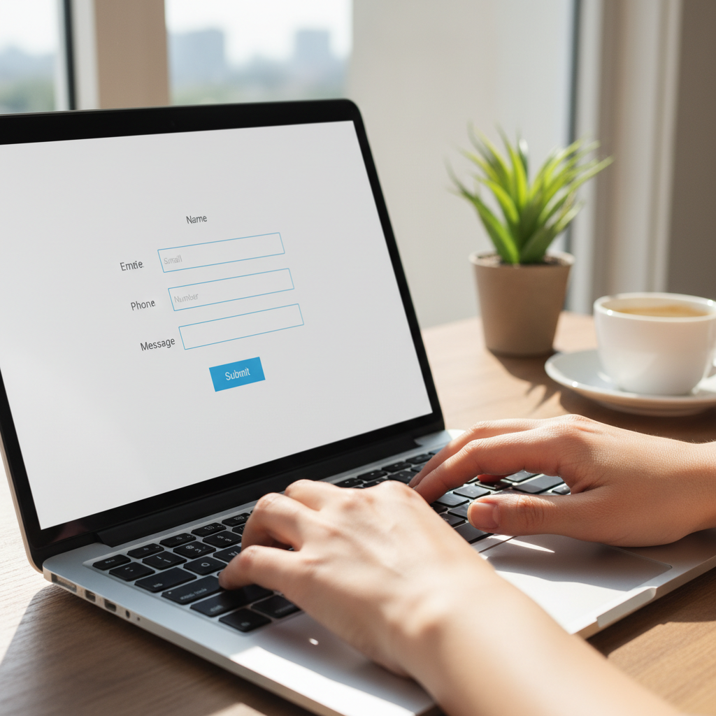 Person filling out a form on a laptop at a clean white desk with a coffee cup nearby