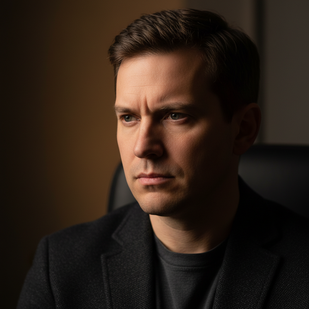 Person focused at a chess board, thoughtful expression, warm indoor lighting — representing the founder's relationship with chess