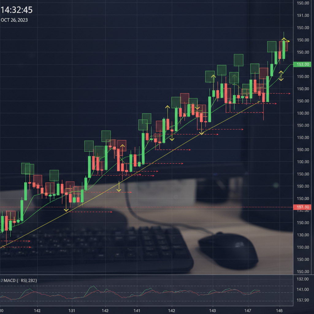 股票市場圖表顯示上升趨勢及蠟燭圖形態
