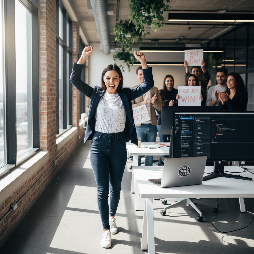 Happy young professional in business attire celebrating job offer letter in modern office