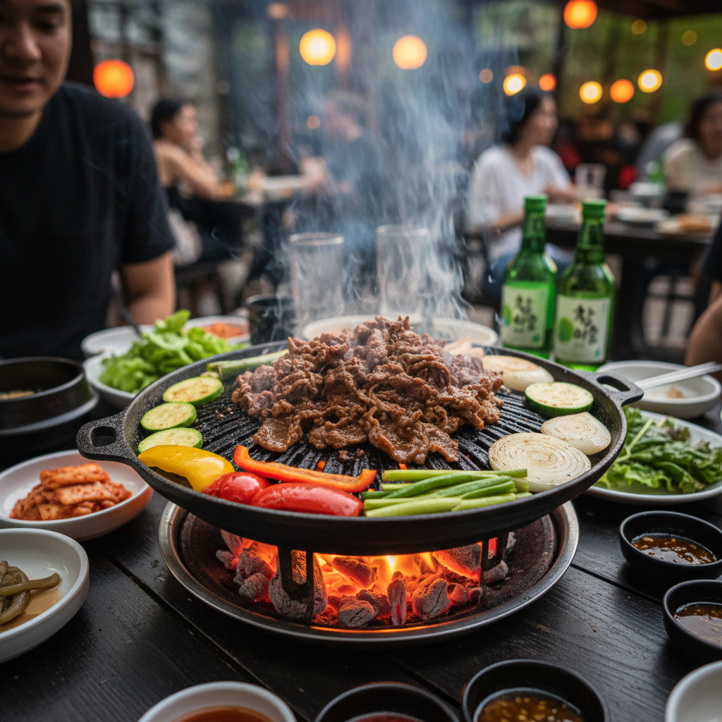 Korean BBQ bulgogi sizzling on a grill plate with vegetables at a Korean restaurant table