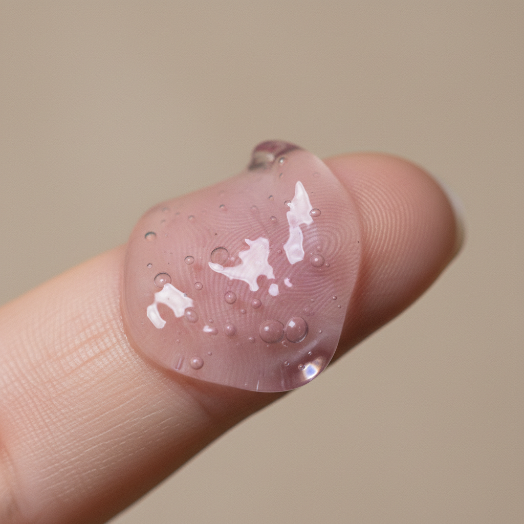 Product texture swatch showing lightweight serum consistency on fingertip