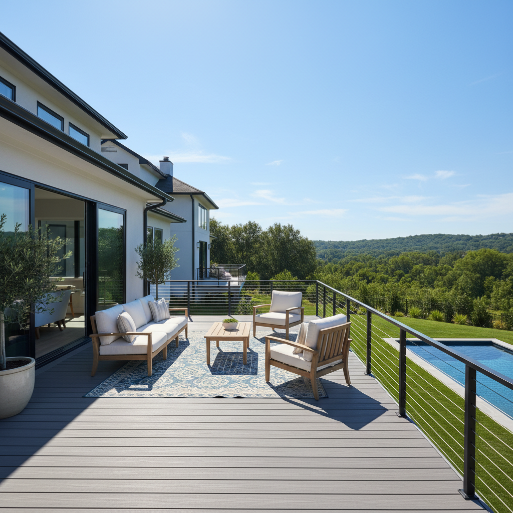Beautiful new wooden deck in bright sunlight, smooth planks, well-maintained outdoor space