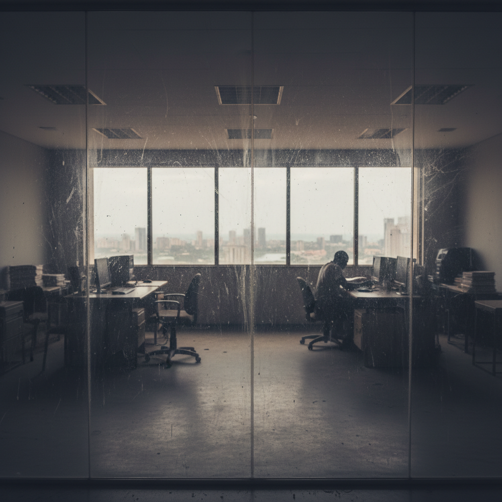 Dim Lagos office interior with smudged floor-to-ceiling glass, city barely visible through grime