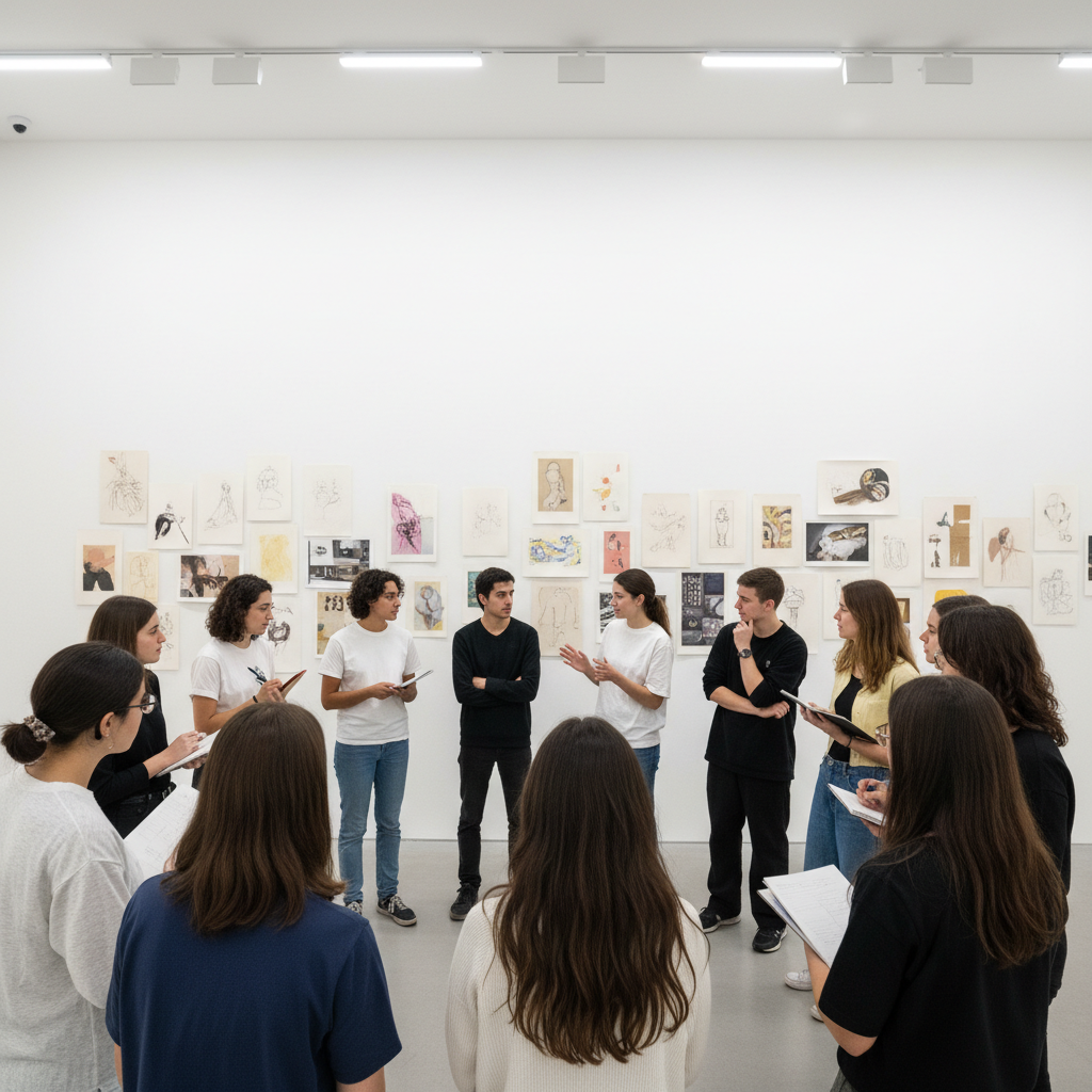 Art students gathered around pinned artworks on a white wall during a group critique session