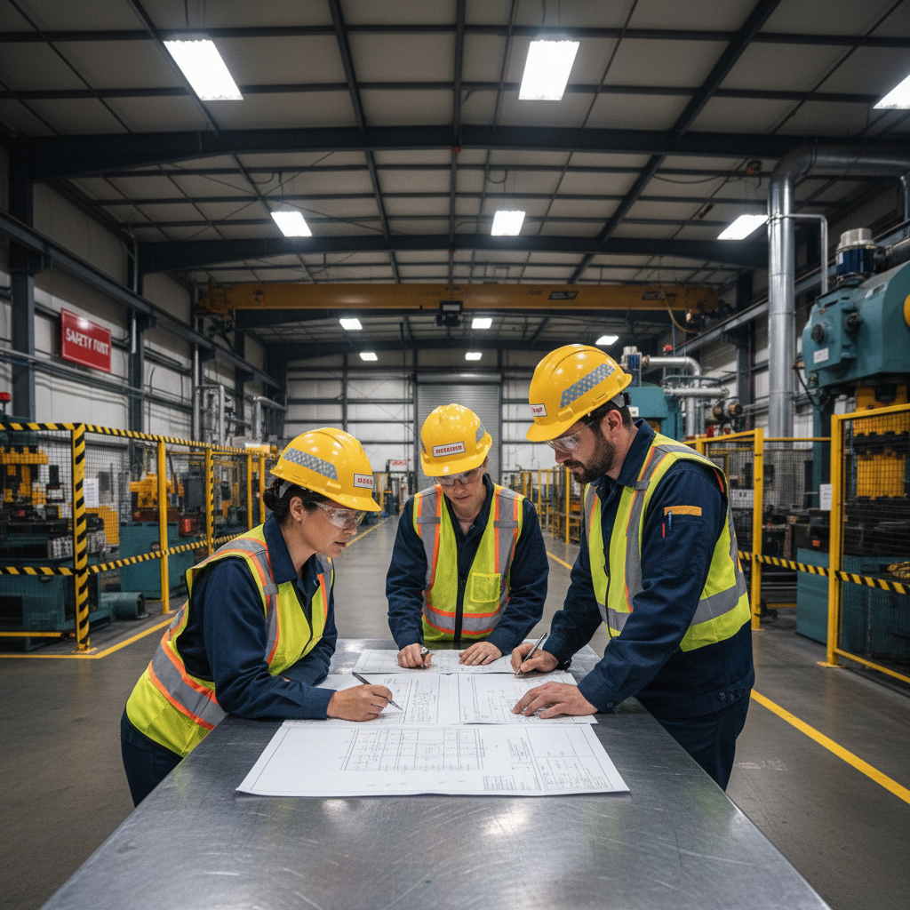 Professional oil field engineer in safety helmet reviewing technical documents at an industrial facility with steel pipelines in background