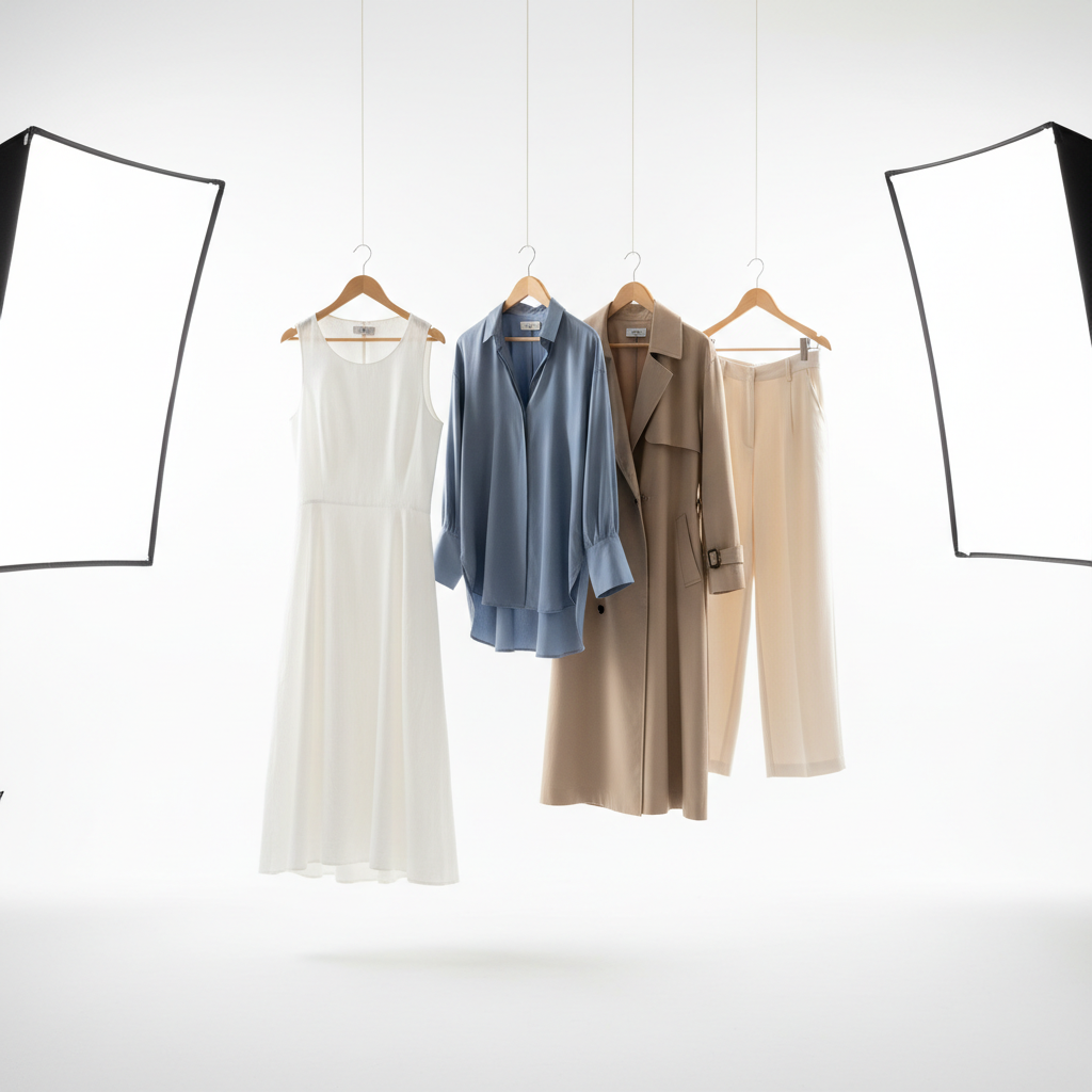 Women's fashion collection, bright airy studio, clean white background, natural lighting, editorial style