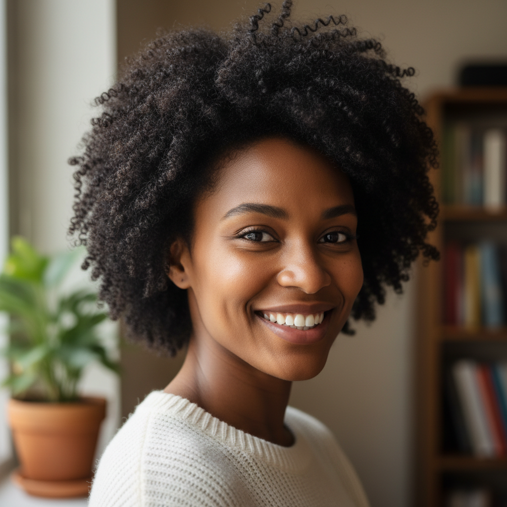 Beautiful Black woman with glowing skin and natural hair smiling confidently