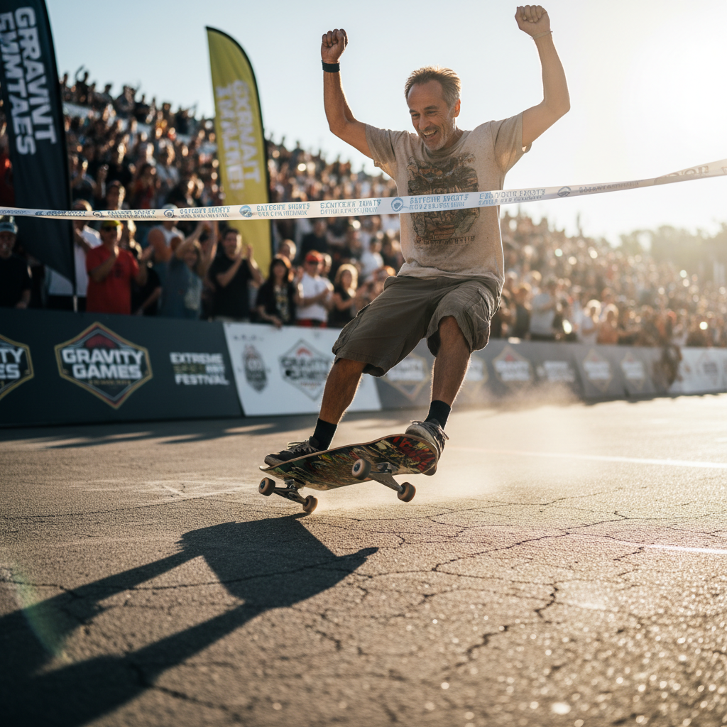 Masters skater crossing the finish line with hands raised