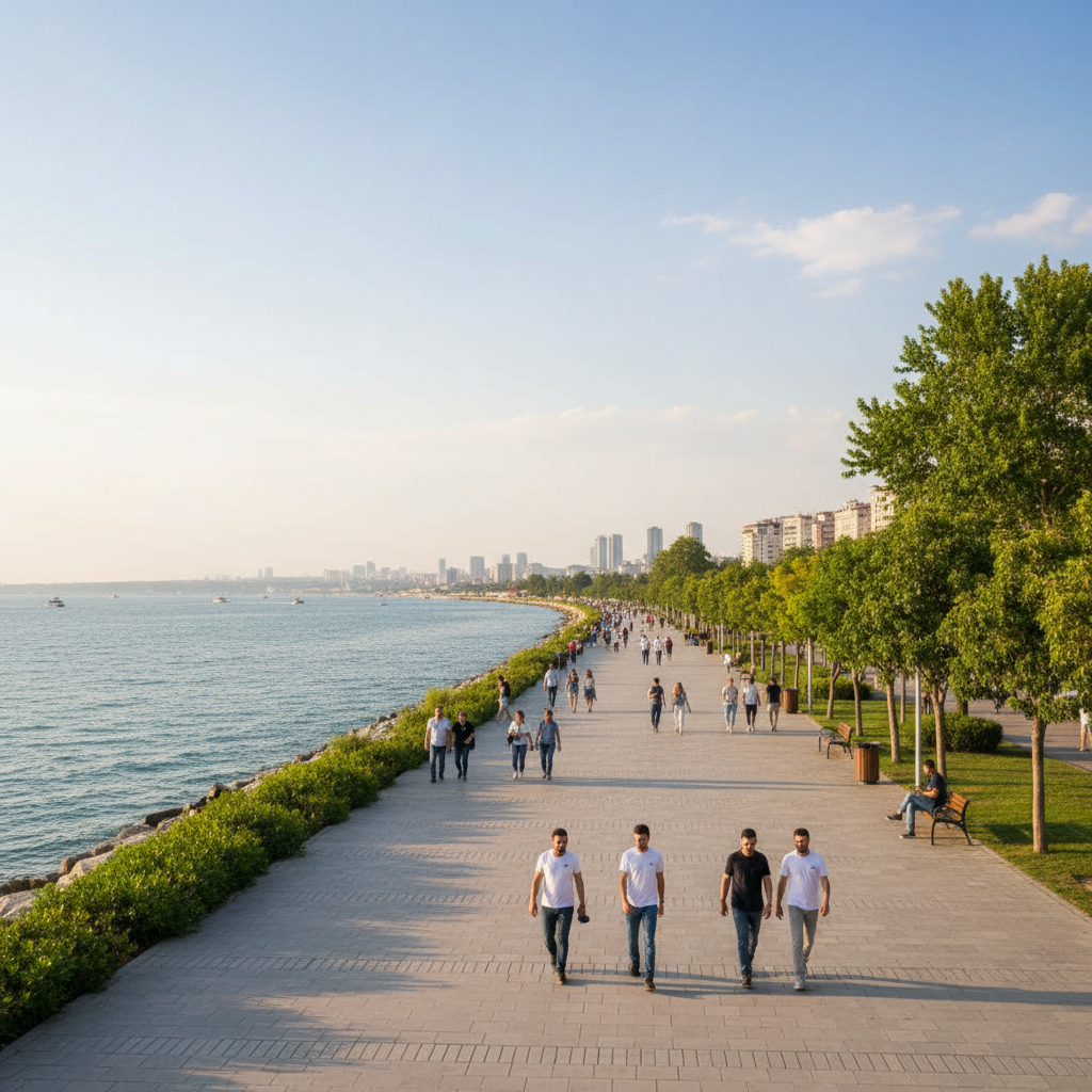 Pendik sahil parkı ve yürüyüş alanı, Marmara Denizi kenarı, sakin atmosfer
