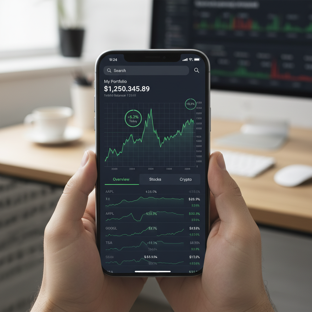 Hands typing on smartphone with chat bubbles and sales graphs on screen