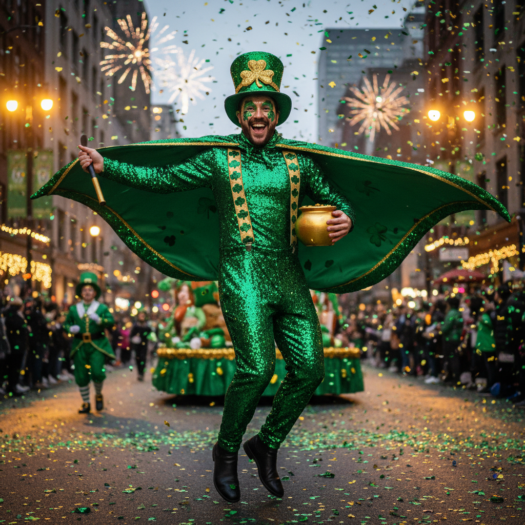 Person fully transformed in St. Patrick's Day costume with green glitter, shamrock suspenders, sequined hat, and emerald cape billowing behind them