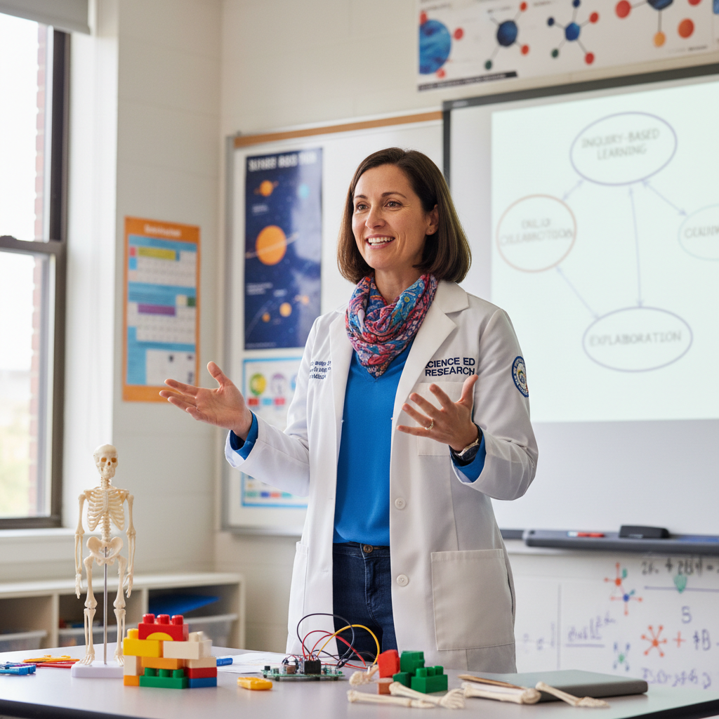 Female science teacher with glasses smiling in a classroom setting