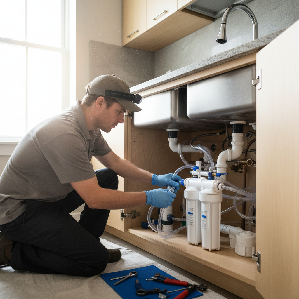Wellspring technician Caleb Osei installing a reverse osmosis filtration system under a kitchen sink