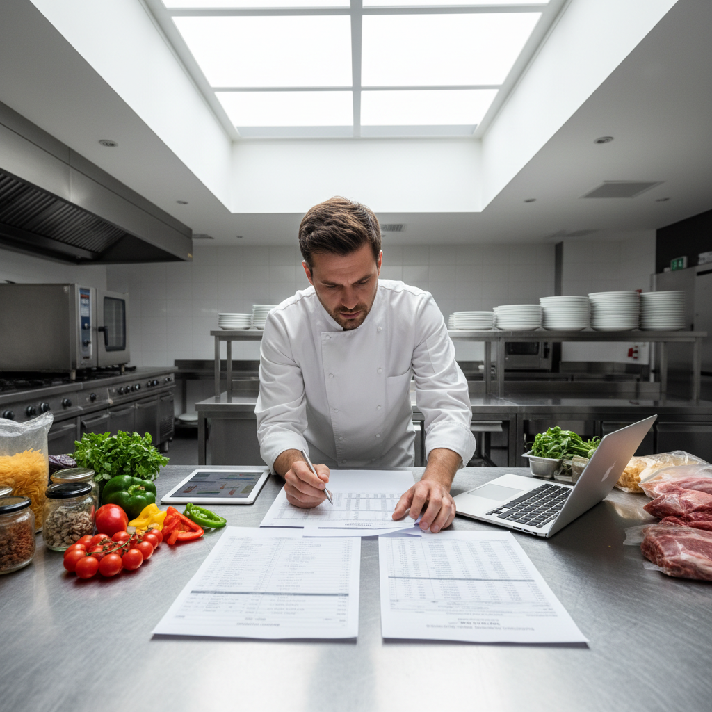 Chef reviewing food cost spreadsheets and ingredient inventory in a professional kitchen