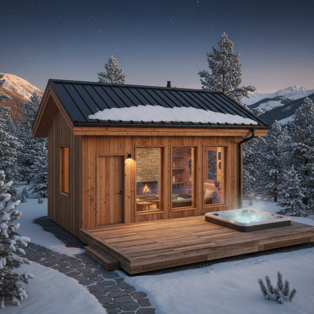 Compact maatwerk chalet met houten gevelbekleding en grote ramen