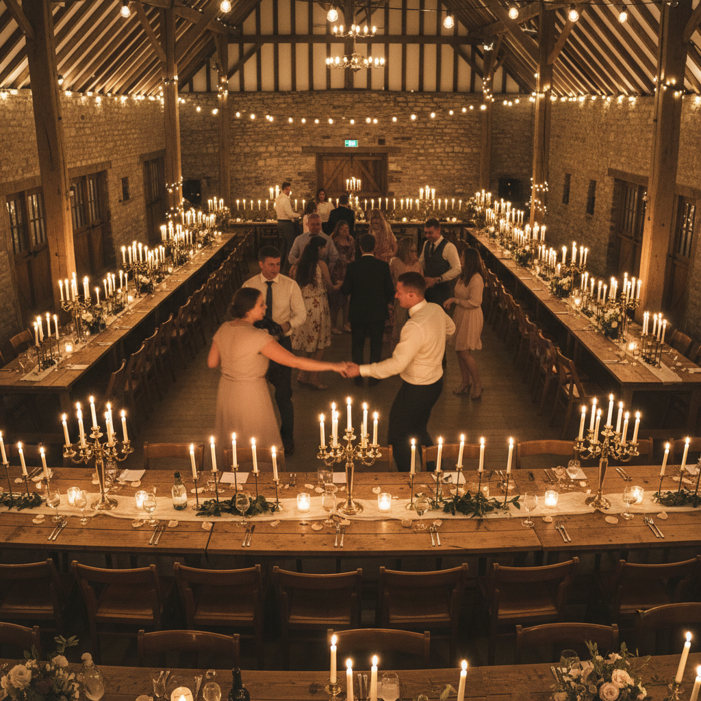 Ballroom wedding reception with round tables, candle centerpieces and soft uplighting