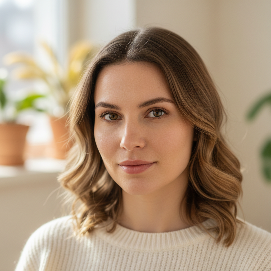 Diana, 38, close portrait showing dramatically improved skin clarity and reduced acne scarring after PRP